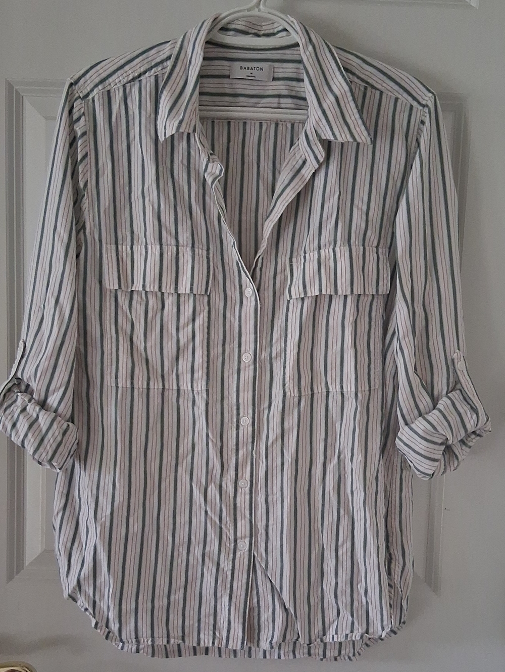 Babaton Utility White Shirt with Green Stripe and Thin Brown Stripe Size M